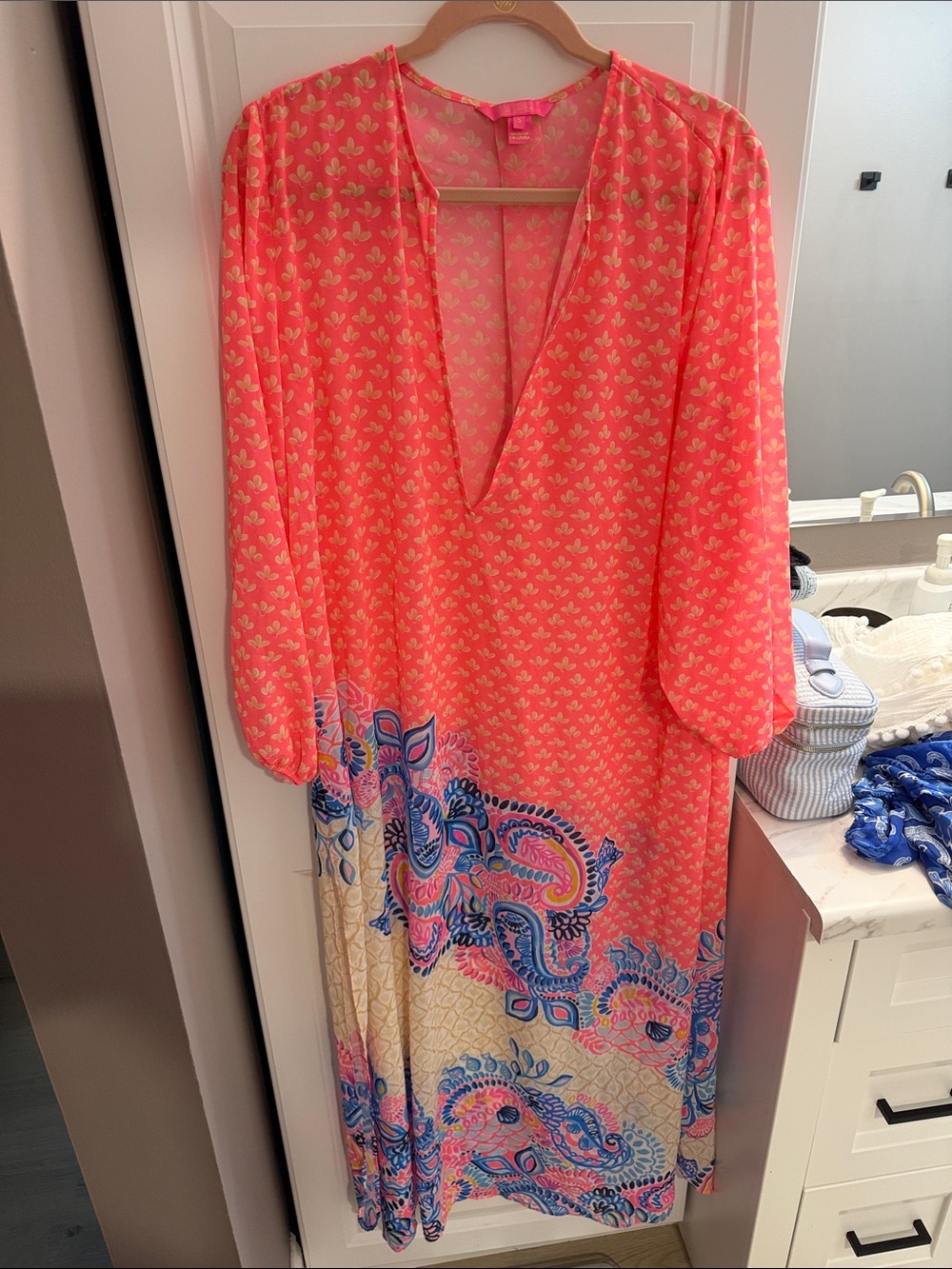Lilly Pulitzer Coral Pink and Blue Paisley V-Neck Maxi Coverup